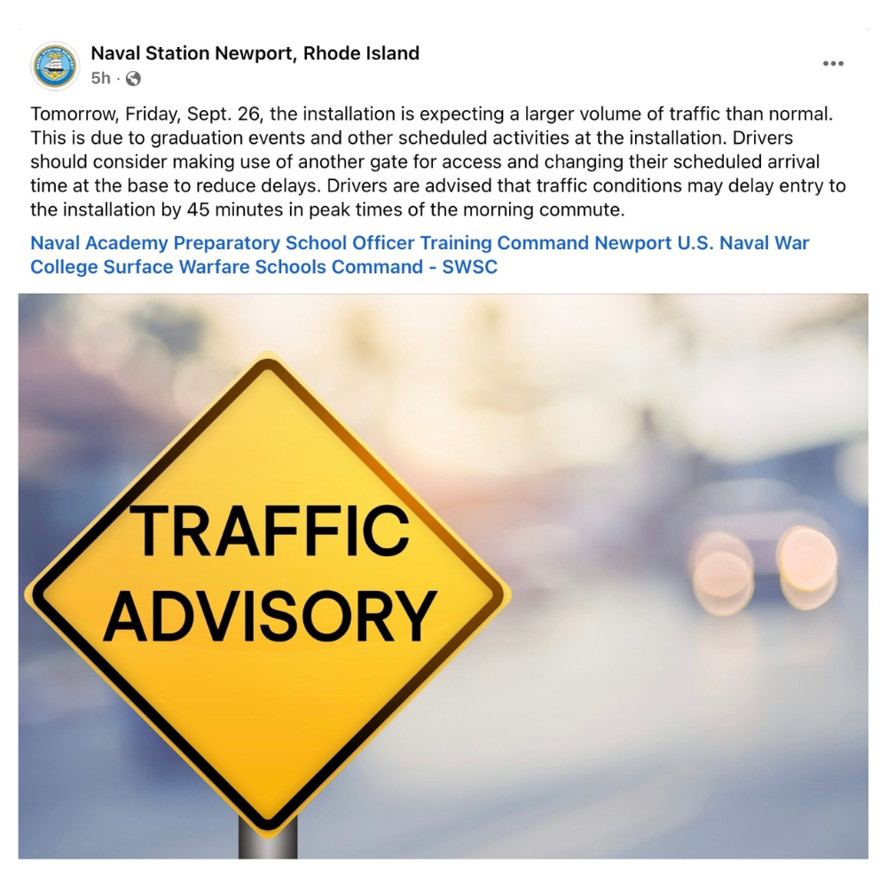 Traffic Advisory For Naval Station Newport 92625 Yellow Sign