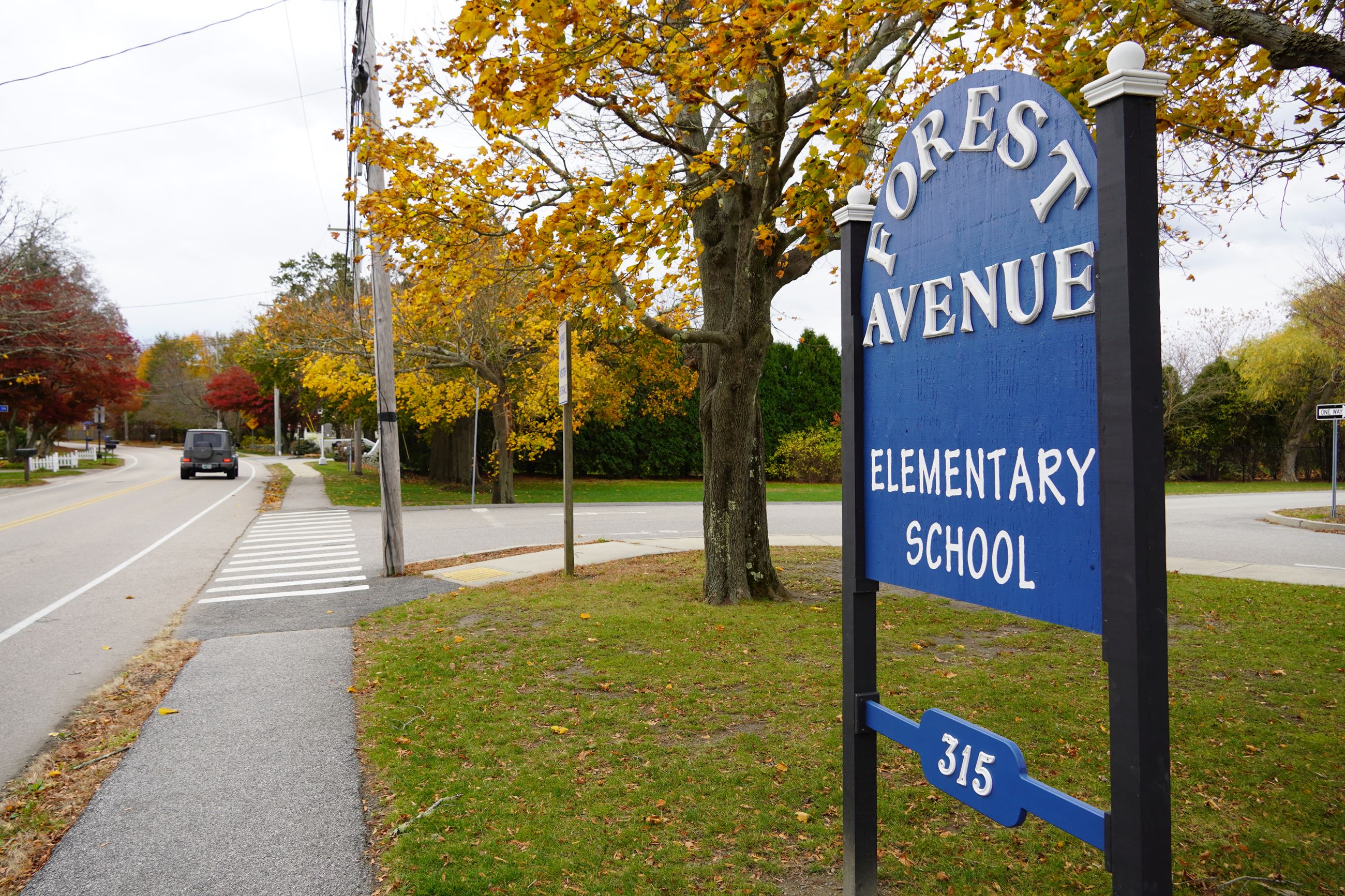 Forest Avenue School Front Sign Blue In The Fall