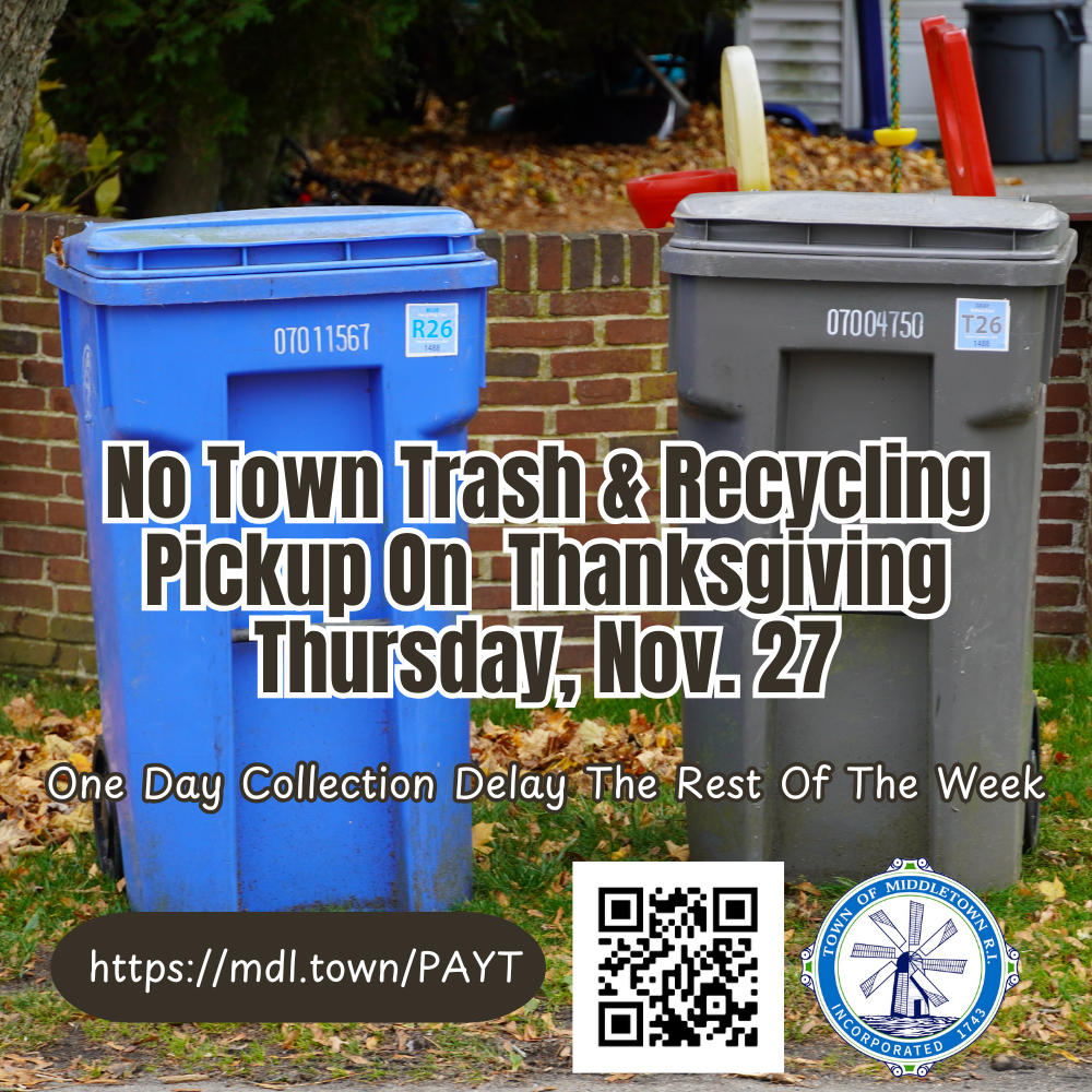 Thanksgiving PAYT Collection Delay Graphic Blue & Gray Bins In Front Of Forest Avenue House