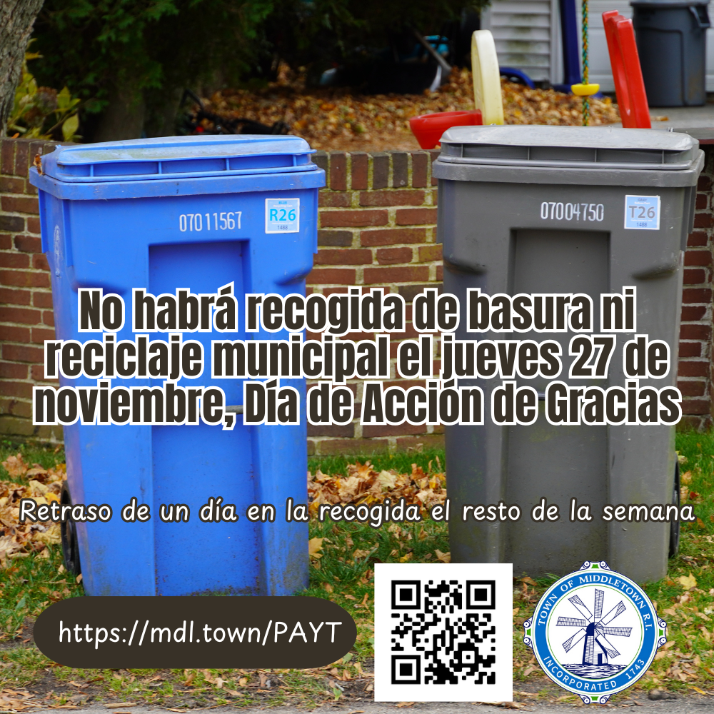 Thanksgiving PAYT Collection Delay Graphic Blue & Gray Bins In Front Of Forest Avenue House Spanish