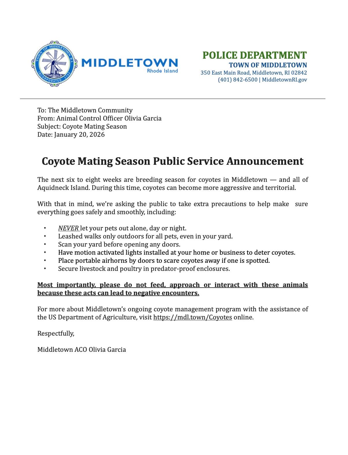 Coyote Management PSA From Animal Control Officer Olivia Garcia