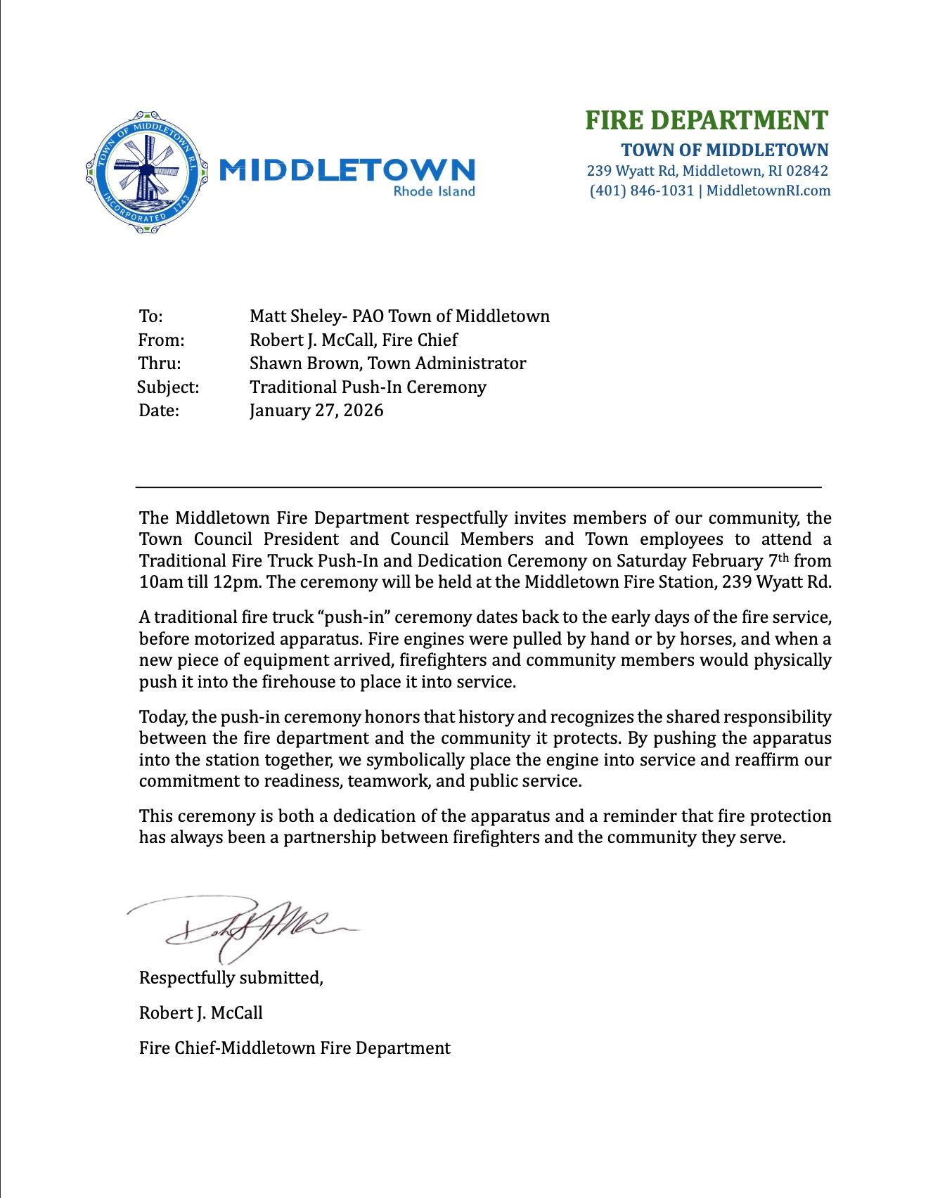 MFD Push-In Ceremony Public Service Announcement 2726