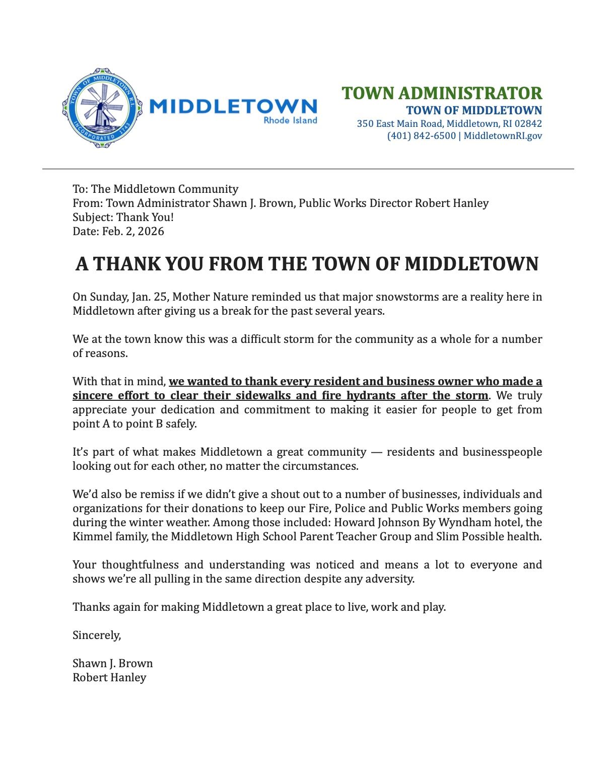 Thank You Notice From Middletown