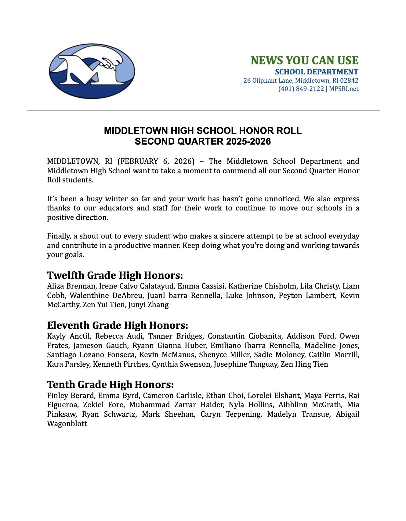 Middletown High School Honor Roll Q2 2526 Page 1