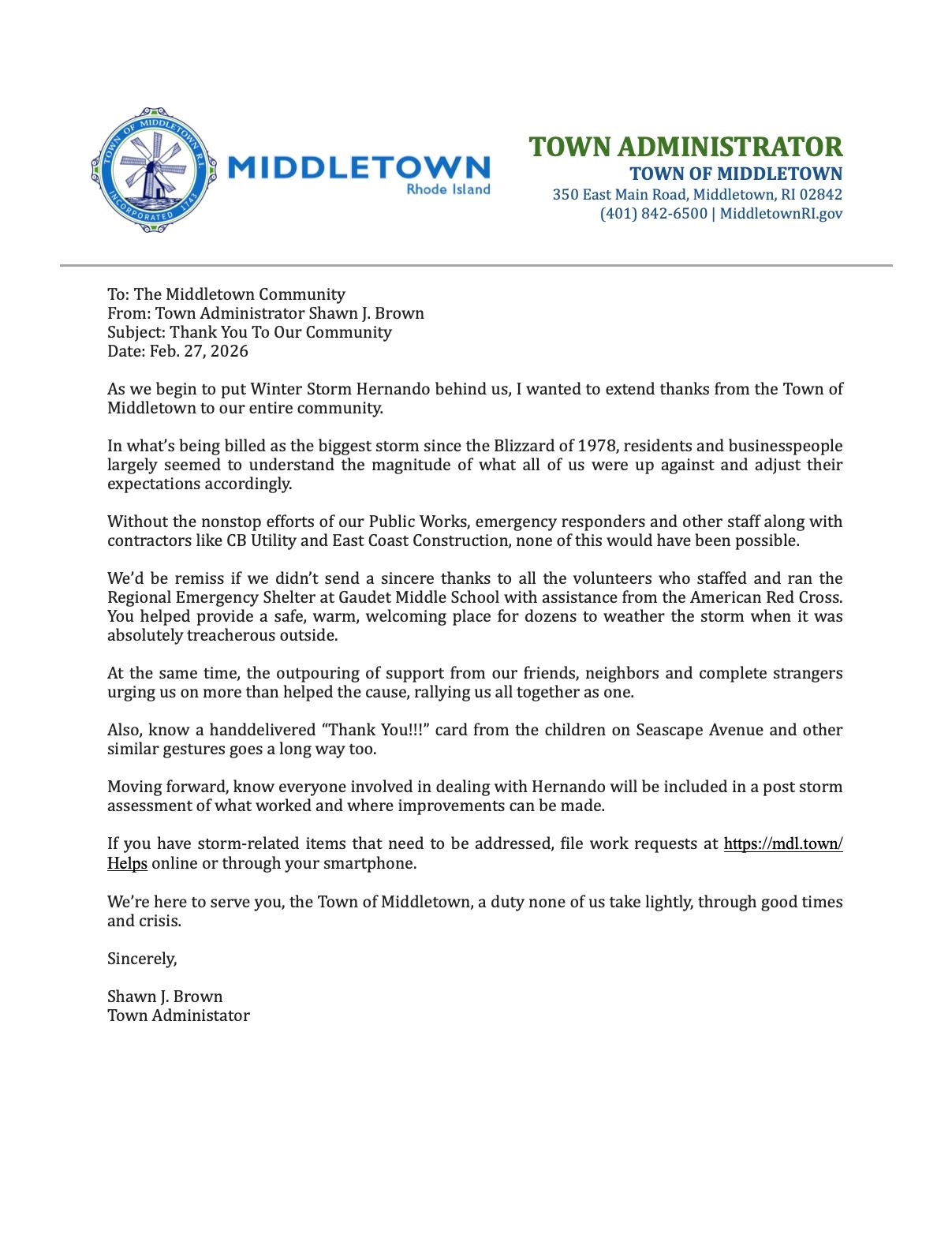 Thank You Letter To The Town Of Middletown
